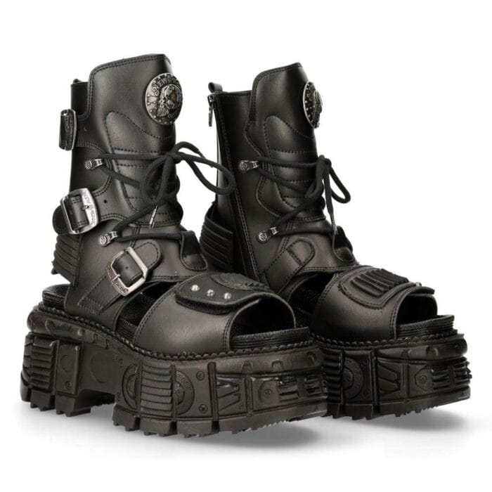 New Rock Boots BIOS107-V1 Schwarze Vegane Leder Unisex Plateau Sandale Biker Goth - Knighthood Store