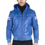 Herren Bomberjacke aus echtem Leder mit blau-schwarzer Kapuze, roten Streifen, gesteppt, Slim Fit, lässig - Knighthood Store