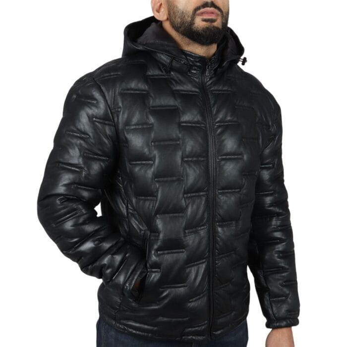 Men's Puffer Quilted Real Leather Jacket Hooded Casual - Knighthood Store