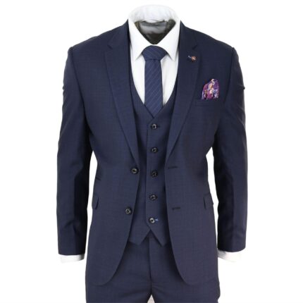 Mens 3 Piece Suit Navy Tailored Fit Classic Retro Vintage Wedding Prom Office - Knighthood Store