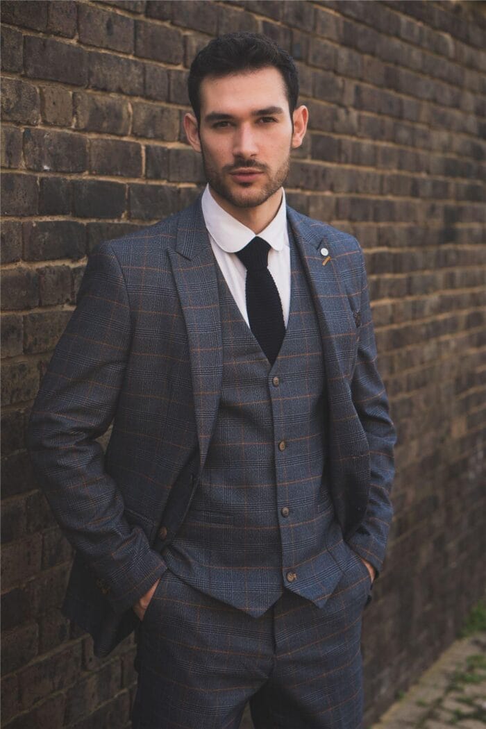 Traje de hombre de 3 piezas azul marino a cuadros clásicos, corte entallado, vestido formal - Knighthood Store