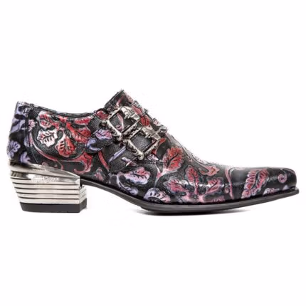 New Rock 7960-s6 Shoe Embossed Vintage Black Red Leather Buckle Steel Heel Shoes - Knighthood Store