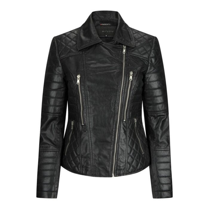 Giacca da motociclista in vera pelle da donna, nera, vestibilità slim - Knighthood Store