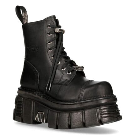 New Rock M-NewMILI083-S21 TOWER COMBAT BOOTS Black Leather Platform Biker Shoes - Knighthood Store