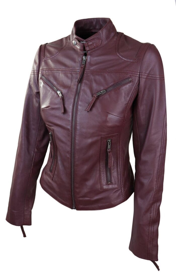 Damen Bikerjacke aus echtem Leder in Slim Fit, Marineblau - Knighthood Store