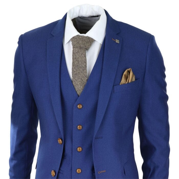 Mens Royal Blue 3 piece Suit Brown Trim Classic Birdseye Vintage Wedding Grooms - Knighthood Store