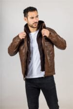 Men's Brown Hooded Genuine Leather Motorcycle Biker Jacket - Image 3