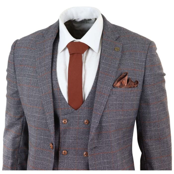Traje de tweed gris de tres piezas, cuadros Príncipe de Gales, corte entallado y chaleco cruzado - Knighthood Store