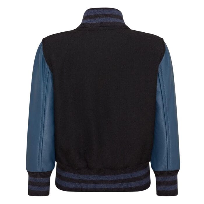 Kids Black Navy Varsity Bomber Jacket Wool Body Real Leather Sleeves - Image 4