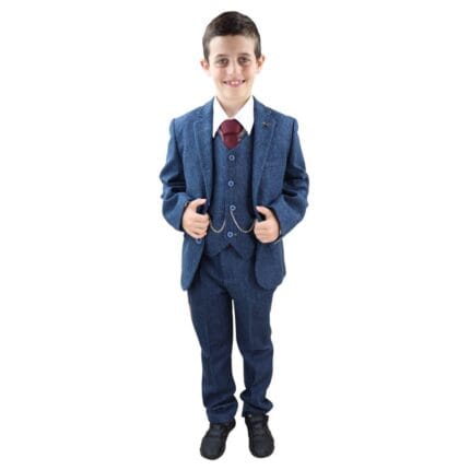 Boys 3 Piece Navy Blue Suit Tweed Check Blinders Tailored Fit Vintage - Knighthood Store
