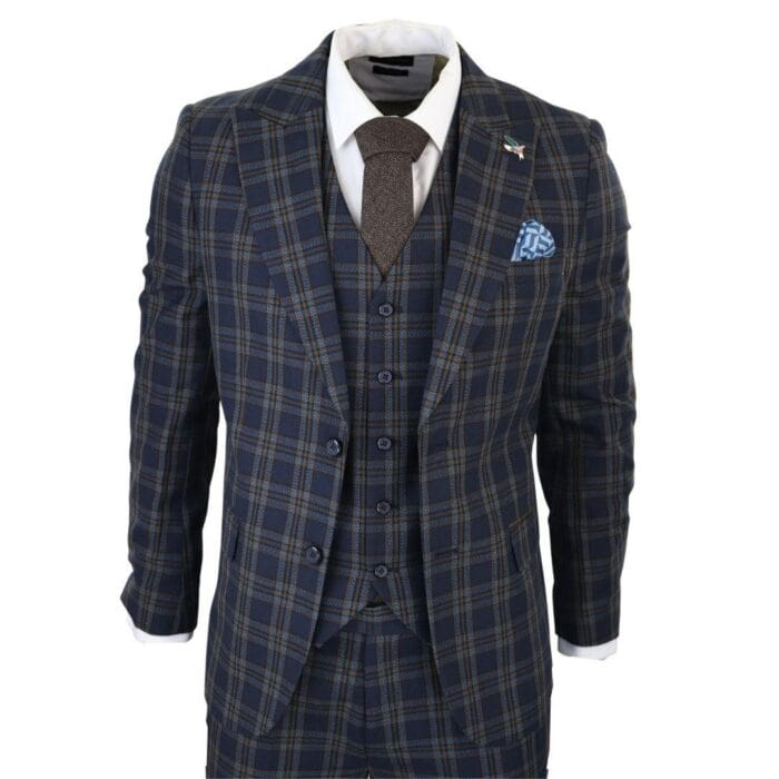 Costume 3 pièces bleu marine à carreaux pour homme - Tenue de soirée - Knighthood Store