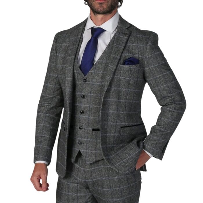 Blazer grigio da uomo in tweed a spina di pesce, misto lana - Knighthood Store