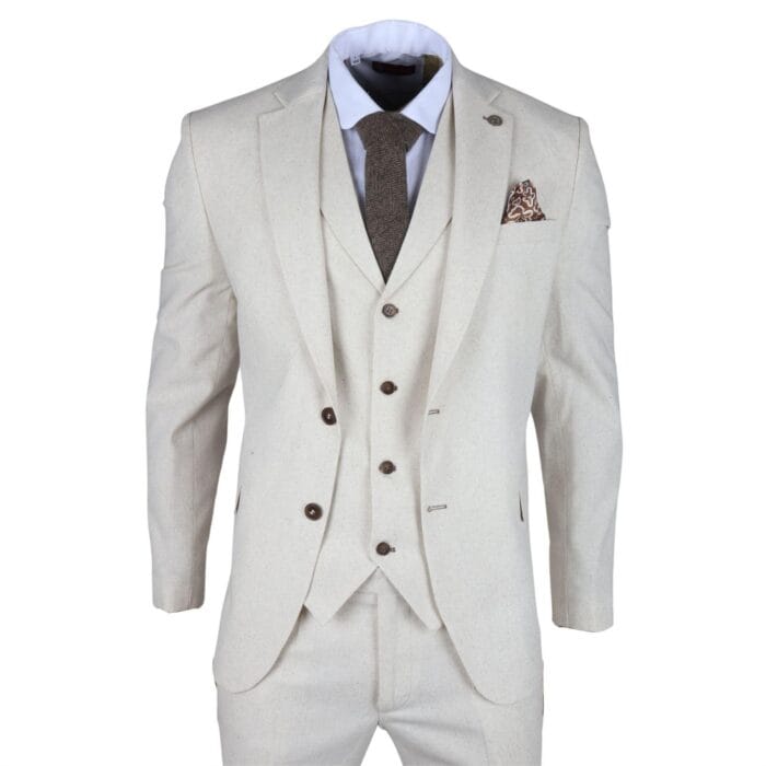 TruClothing TP-21 - Men's Beige 3 Piece Linen Summer Suit - Knighthood Store