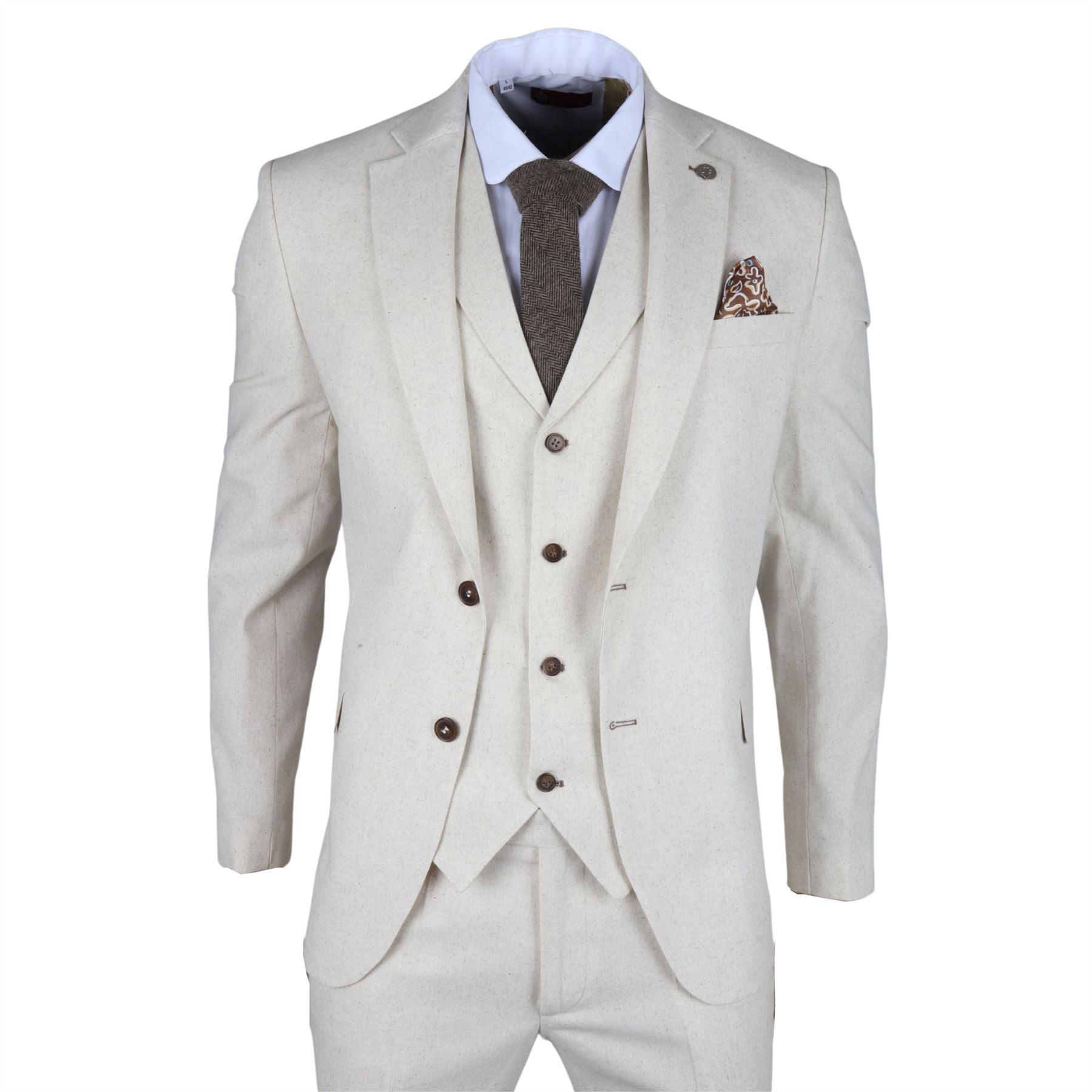 TruClothing TP-21 - Men's Beige 3 Piece Linen Summer Suit - Knighthood Store