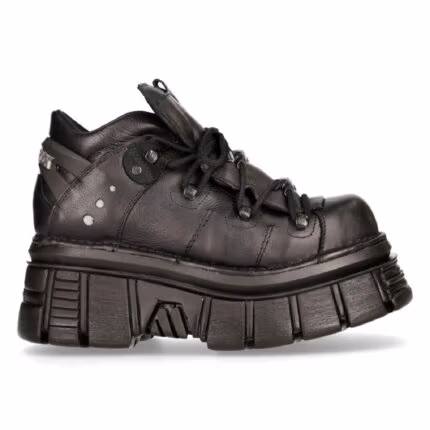 New Rock 106N-S52 TOWER SHOES Metallic Black Leather Biker Punk Gothic Boots - Knighthood Store