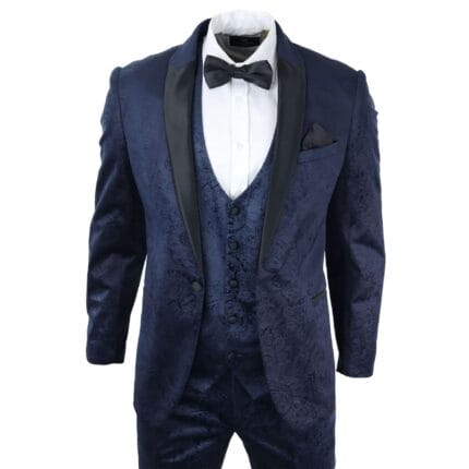 Mens Marc Darcy Velvet Paisley Blue Fit 3 Piece Suit Tuxedo Dinner Jacket Wedding - Knighthood Store