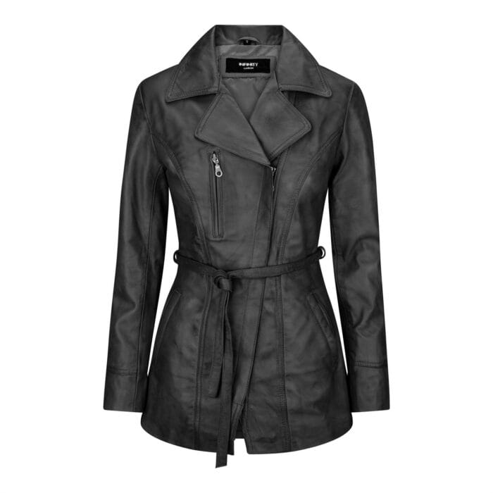 Ladies Women Real Soft Italian Black Leather Mid Length Jacket - Knighthood Store