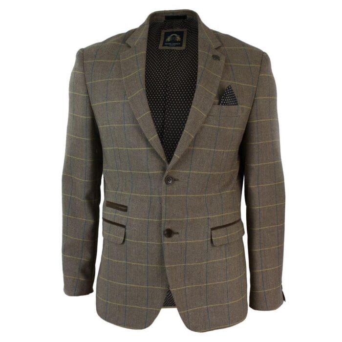 Giacca blazer aderente in tweed a spina di pesce vintage a quadri da uomo, marrone chiaro - Knighthood Store