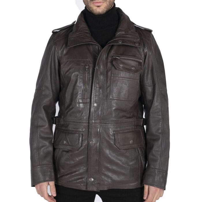 Giacca da uomo in vera pelle, vestibilità 3/4, stile safari, colore nero militare - Knighthood Store