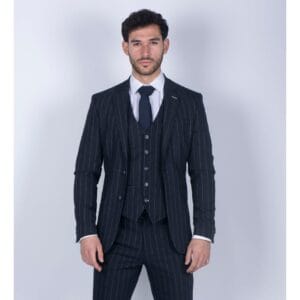 Mens 3 Piece Suit Pin Stripe Navy Classic Vintage Retro 1920s Tailored Fit Wedding - Knighthood Store