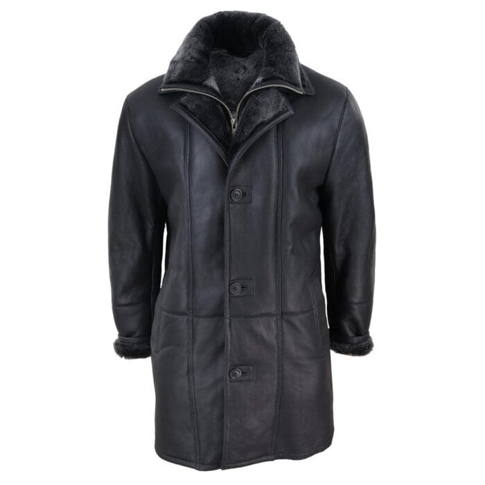 Chaqueta de lona 3/4 para hombre, de piel de oveja auténtica, larga, elegante, informal, con botones y cremallera, cálida - Knighthood Store