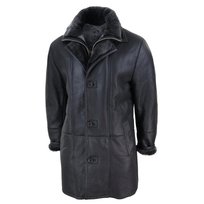 Chaqueta de lona 3/4 para hombre, de piel de oveja auténtica, larga, elegante, informal, con botones y cremallera, cálida - Knighthood Store