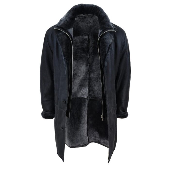 Chaqueta de lona 3/4 para hombre, de piel de oveja auténtica, larga, elegante, informal, con botones y cremallera, cálida - Knighthood Store