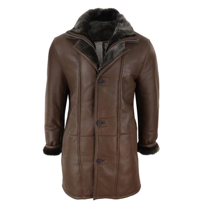 Chaqueta de lona 3/4 para hombre, de piel de oveja auténtica, larga, elegante, informal, con botones y cremallera, cálida - Knighthood Store