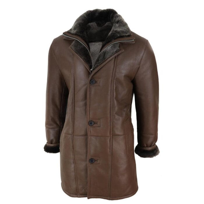Chaqueta de lona 3/4 para hombre, de piel de oveja auténtica, larga, elegante, informal, con botones y cremallera, cálida - Knighthood Store