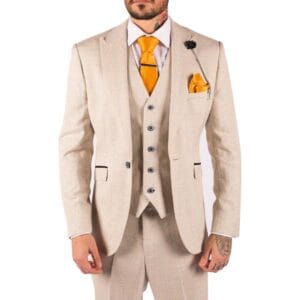 Herrenanzug 3-teilig Tweed Creme Schwarz Tailored Fit Hochzeit Klassisch - Knighthood Store