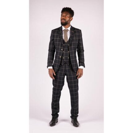Mens Navy Blue 3 Piece Suit Double Breasted Waistcoat Tan Prince Of Wales Check - Knighthood Store