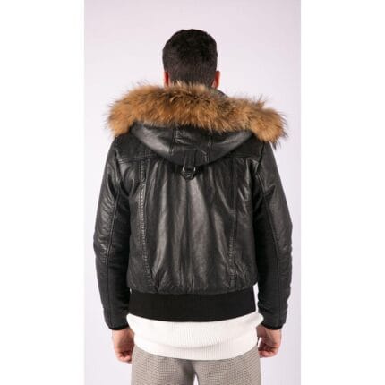 Giubbotto bomber in pelle da uomo con cappuccio in vera pelliccia, imbottito, nero - Knighthood Store