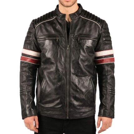 Giacca da motociclista da corsa nera da uomo con strisce rosse e bianche in vera pelle, vestibilità casual - Knighthood Store