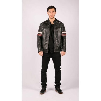 Giacca da motociclista da corsa nera da uomo con strisce rosse e bianche in vera pelle, vestibilità casual - Knighthood Store