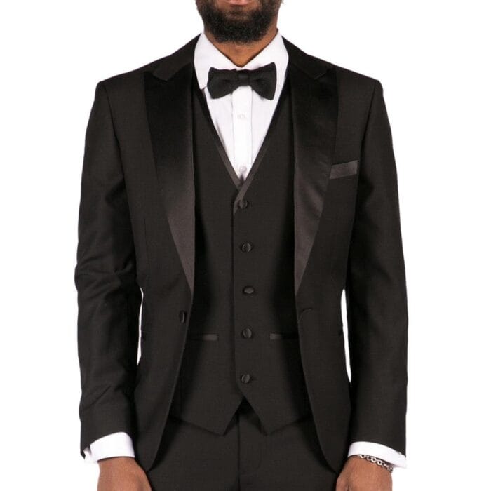 Traje de esmoquin clásico de satén negro de 3 piezas para hombre, a medida, para boda y graduación - Knighthood Store