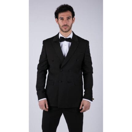 Mens Double Breasted Black Tuxedo Suit Dinner Jacket Stripe Trouser Tux Classic Satin - Knighthood Store