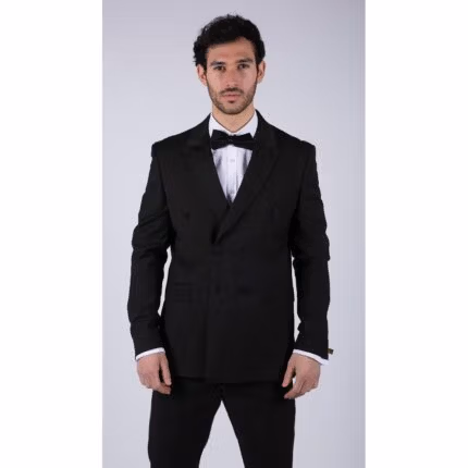 Mens Double Breasted Black Tuxedo Suit Dinner Jacket Stripe Trouser Tux Classic Satin - Knighthood Store