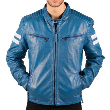 Herren Echtleder Biker Rennjacke Rote Streifen Reißverschluss Retro Casual Schwarz Kurz - Knighthood Store