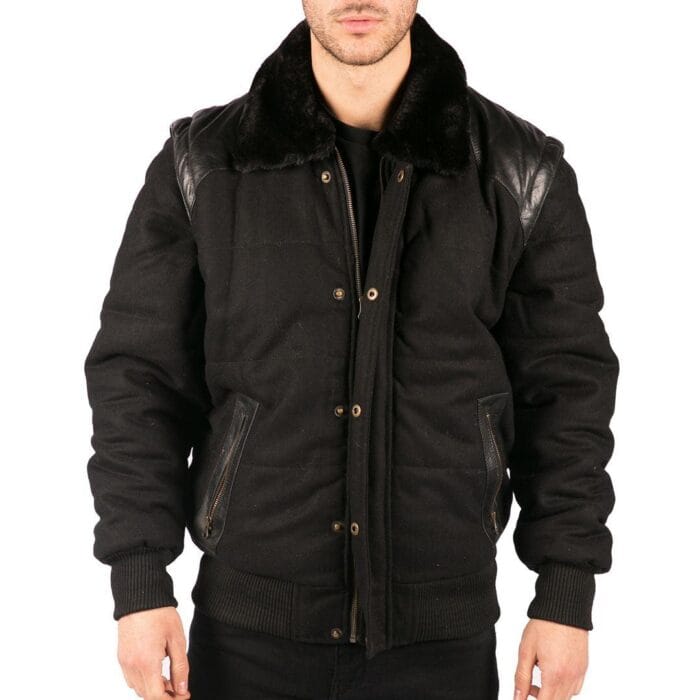 Schwarze Bomberjacke aus Leder mit Schulterpatches und abnehmbaren Ärmeln für Herren – Knighthood Store