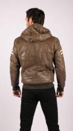Herren Bomberjacke aus echtem Leder mit blau-schwarzer Kapuze, roten Streifen, gesteppt, Slim Fit, lässig - Knighthood Store