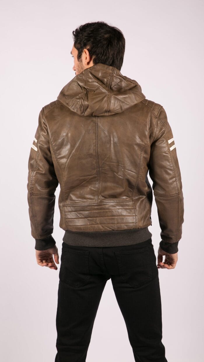 Herren Bomberjacke aus echtem Leder mit blau-schwarzer Kapuze, roten Streifen, gesteppt, Slim Fit, lässig - Knighthood Store