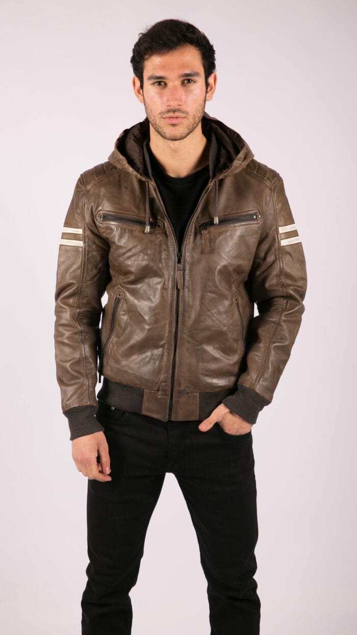 Herren Bomberjacke aus echtem Leder mit blau-schwarzer Kapuze, roten Streifen, gesteppt, Slim Fit, lässig - Knighthood Store