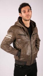 Herren Bomberjacke aus echtem Leder mit blau-schwarzer Kapuze, roten Streifen, gesteppt, Slim Fit, lässig - Knighthood Store