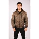Giacca bomber in pelle trapuntata con cappuccio rimovibile, lavata e anticata, da uomo, marrone - Knighthood Store