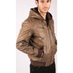 Giacca bomber in pelle trapuntata con cappuccio rimovibile, lavata e anticata, da uomo, marrone - Knighthood Store