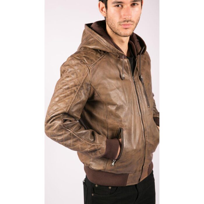 Mens Brown Washed Distressed Removable Hood Bomber Leather Jacket Quilted - Knighthood Store