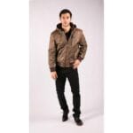 Giacca bomber in pelle trapuntata con cappuccio rimovibile, lavata e anticata, da uomo, marrone - Knighthood Store
