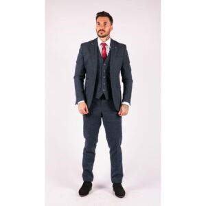 Mens 3 Piece Navy Blue Suit Tweed Check 1920's Tailored Fit Vintage - Knighthood Store