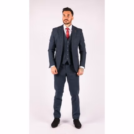 Mens 3 Piece Navy Blue Suit Tweed Check 1920's Tailored Fit Vintage - Knighthood Store