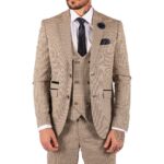 Mens Beige Navy Check Suit Vintage Classic Prince Of Wales Tailored Fit Wedding - Knighthood Store